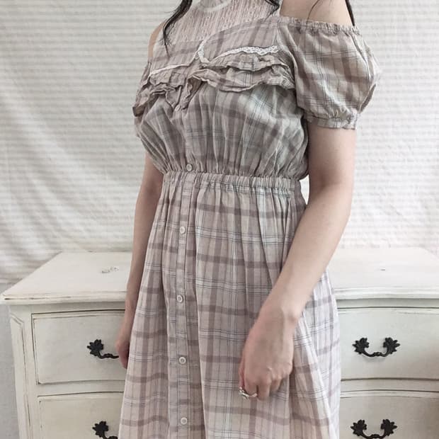 jpn vintage beige check lace one-piece