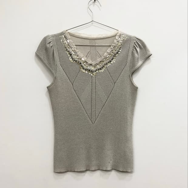 champagne gold sequin detail ribbed top