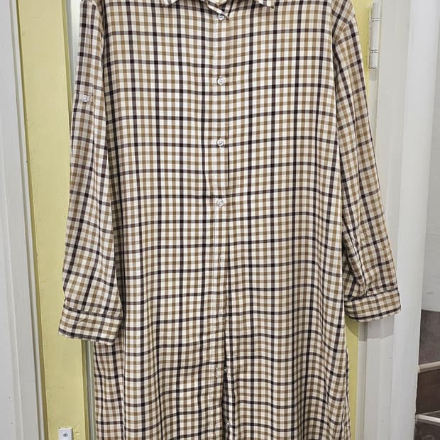 Shoo La  베이지 깅엄체크 롱셔츠