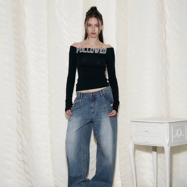 플리즈노팔로우 25Damaged Washing Wide Denim