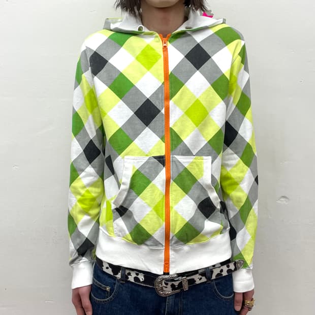 Green Checkered Orange Hooded Zip-Up 