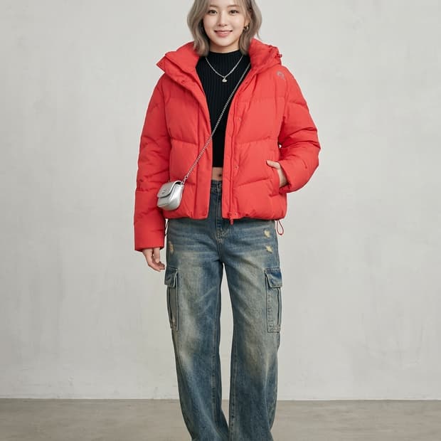 네파(NEPA) 레드 덕다운 숏패딩 자켓