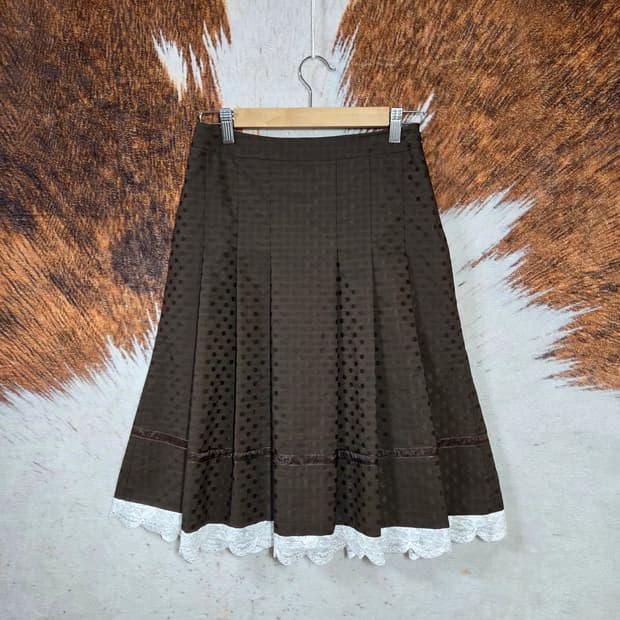 브라운 모리걸 도트 프릴 플리츠 미디스커트