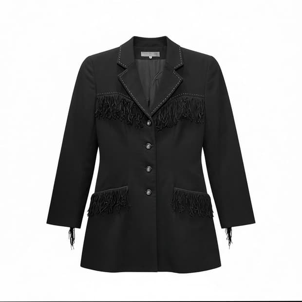 JPN VINTAGE 롱 테일러드 자켓 슬림핏 웨스턴 프린지 디테일 블랙