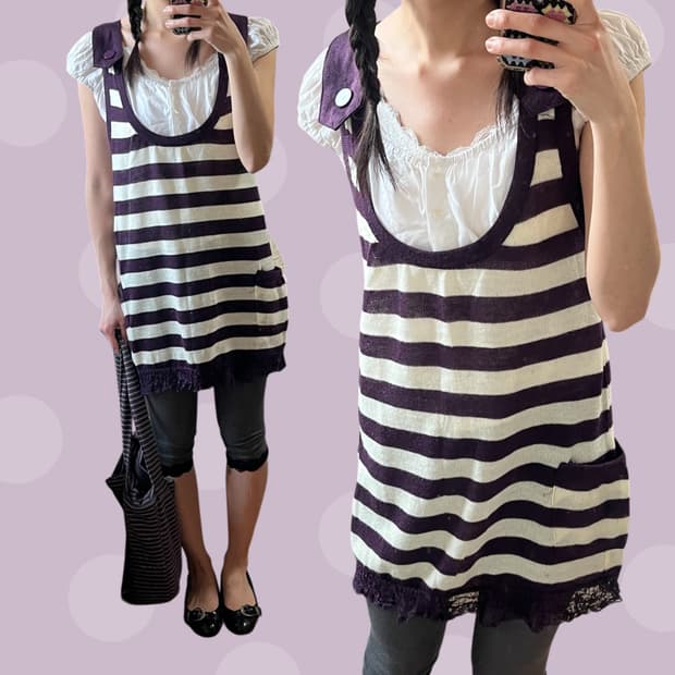 빈티지 단추 포인트 퍼플 스트라이프 니트 슬리브리스