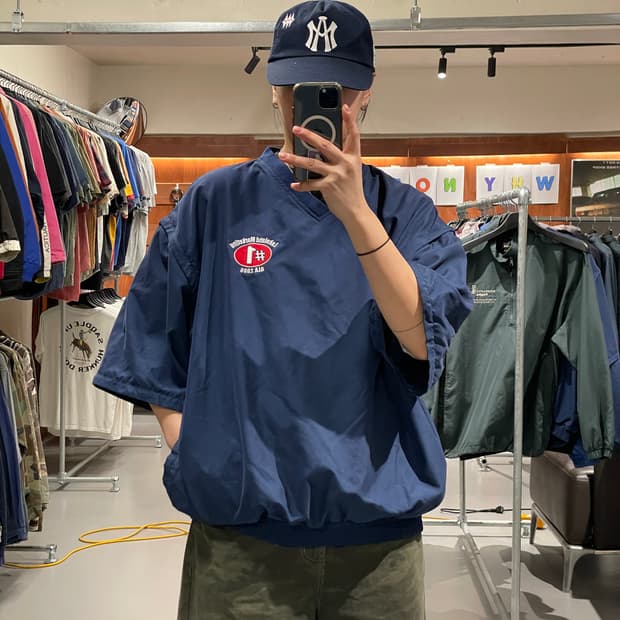 빈티지 v넥 반팔 바람막이 웜업 (소매 탈부착 가능)  