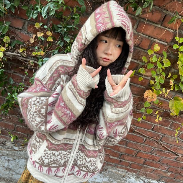 딸기 바닐라 양털 니트 후드 아우터