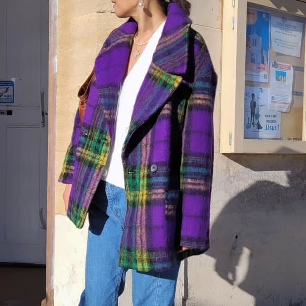 프랑스 브랜드 promod 보라 체크 울코트