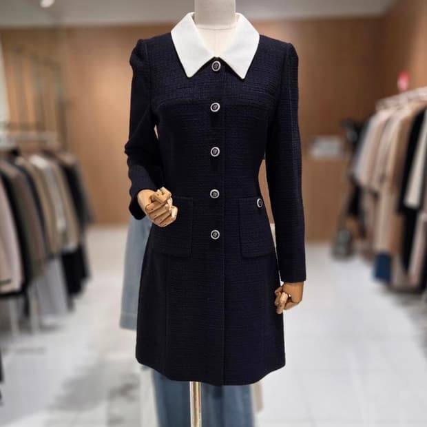 라인 트위드 카라넥 원피스 네이비 55