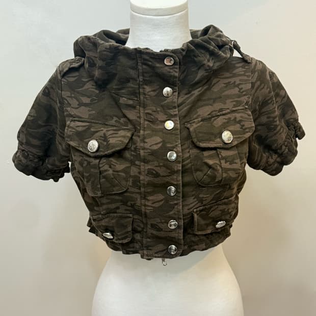 밀리터리 패턴 크롭 후드 야상/아메카지