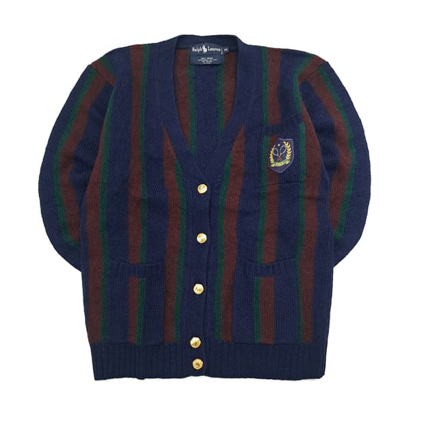 CN970 M 폴로 랄프로렌 90s 프레피 금장 스트라이프 울 가디건