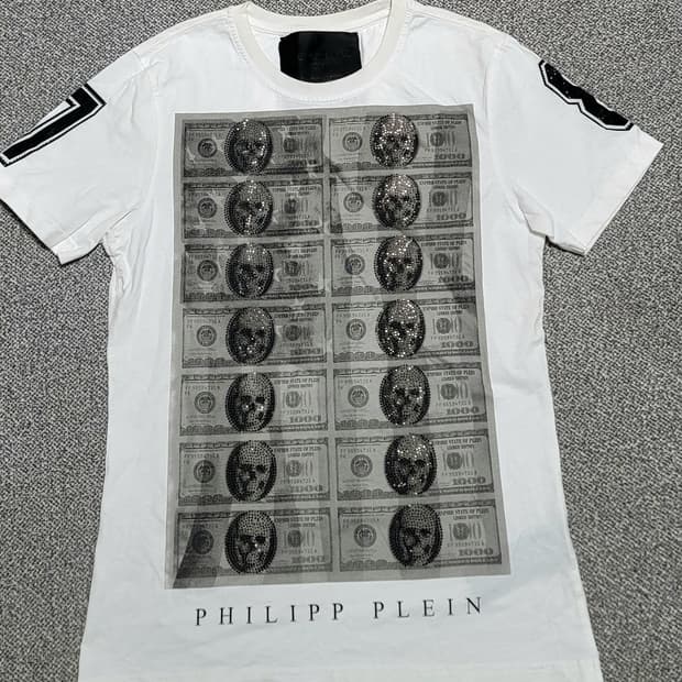 필립플레인 화이트 해골 달러 큐빅 프린트 티셔츠 90  정사이즈