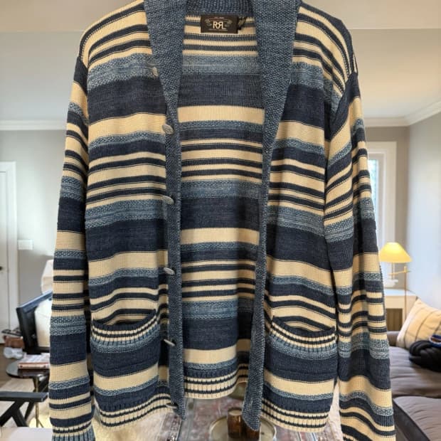 M 더블알엘 인디고 스트라이프 코튼 숄카라 가디건