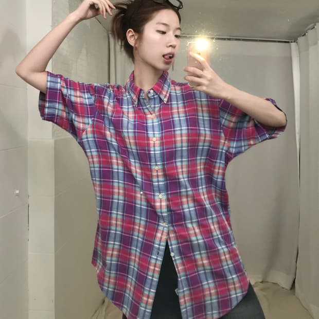 폴로 핑크 체크 반팔 셔츠