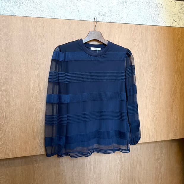 빈티지 긴팔 블라우스 쉬폰 시스루 스트라이프 배색 디테일 네이비
