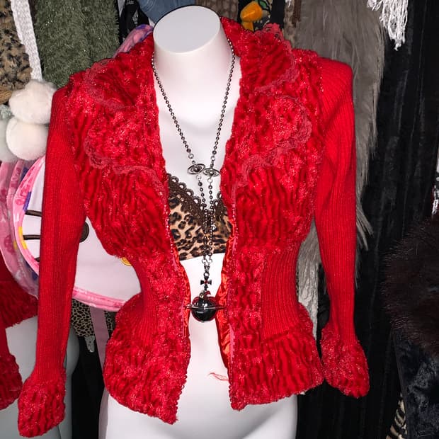 y2k 레드 레이스 니트 퍼자켓