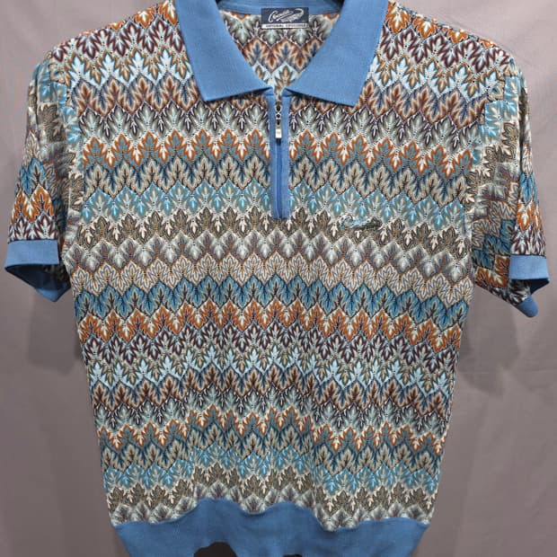 크로커다일 에스닉패턴 자카드 니트 반집업 카라 반팔티 100(95)