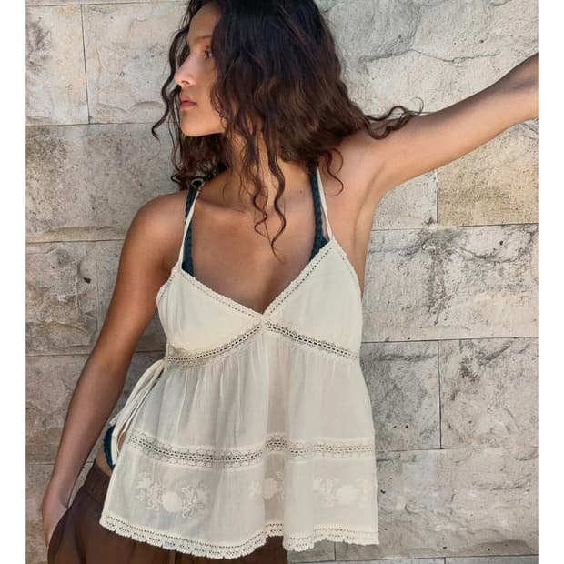 자라 자수 거즈 스트랩 탑