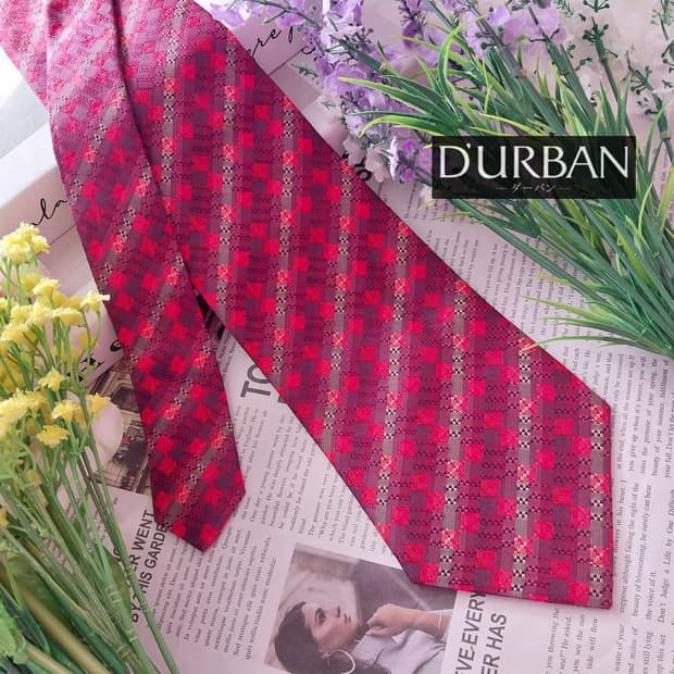 더반(다반) 실크 레드 체크 패턴 넥타이 9.5cm 새상품 K1361
