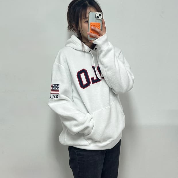 폴로 랄프로렌 아치로고 성조기 후리스 후드티 화이트