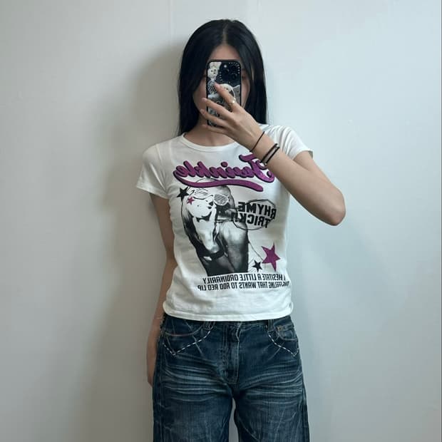 Vintage y2k 와투케 화이트 반팔 티셔츠