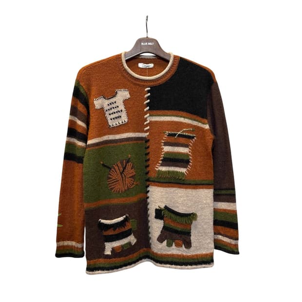 JPN VINTAGE 니트 패치워크 자수 스티치 디테일 배색 브라운