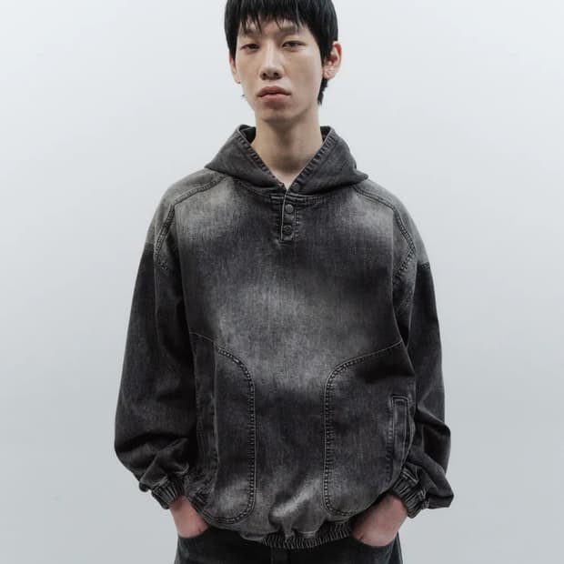 인사일런스 후드 브러쉬드 데님 풀오버