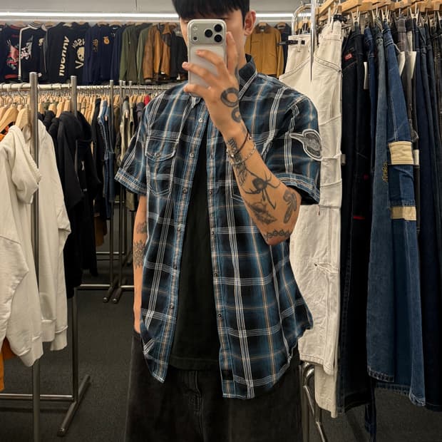 L) 할리데이비슨 빈티지 체크 플란넬 반팔셔츠