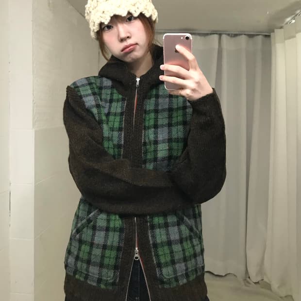 해리스 트위드 브라운 체크 아메카지 누빔 후드집업