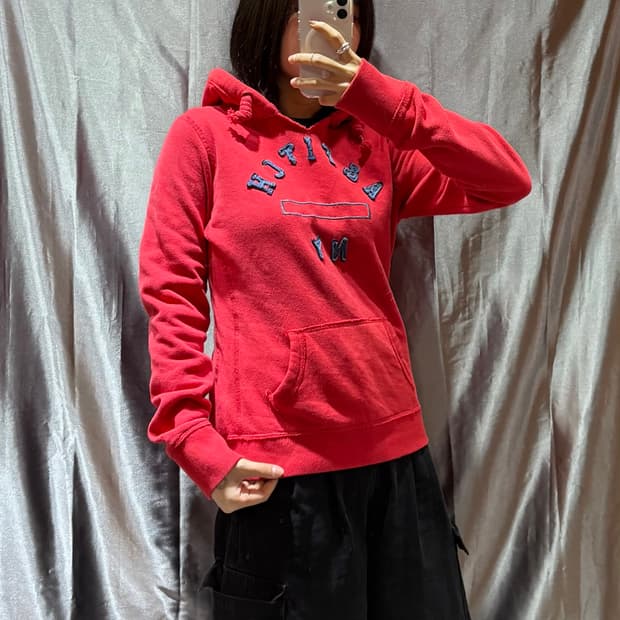 L 아베크롬비 레드 자수 후드티