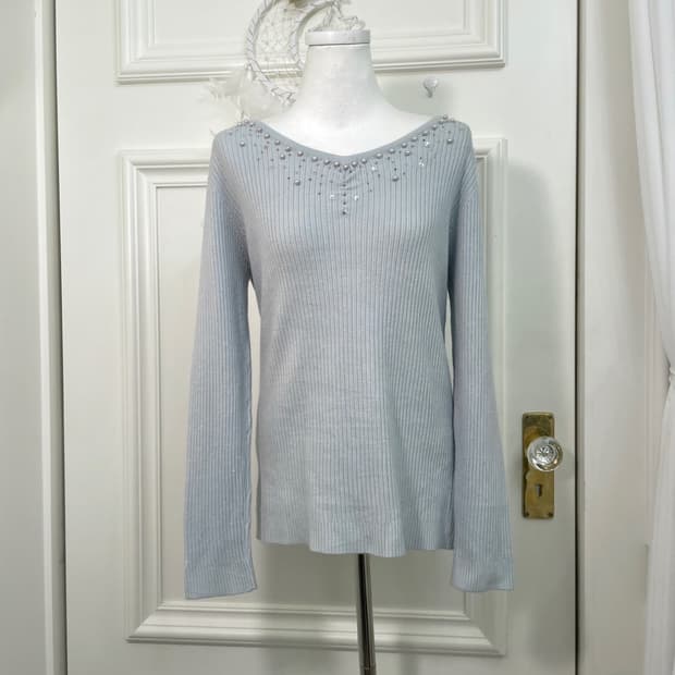 sheer mint beads point v-neck loose knit