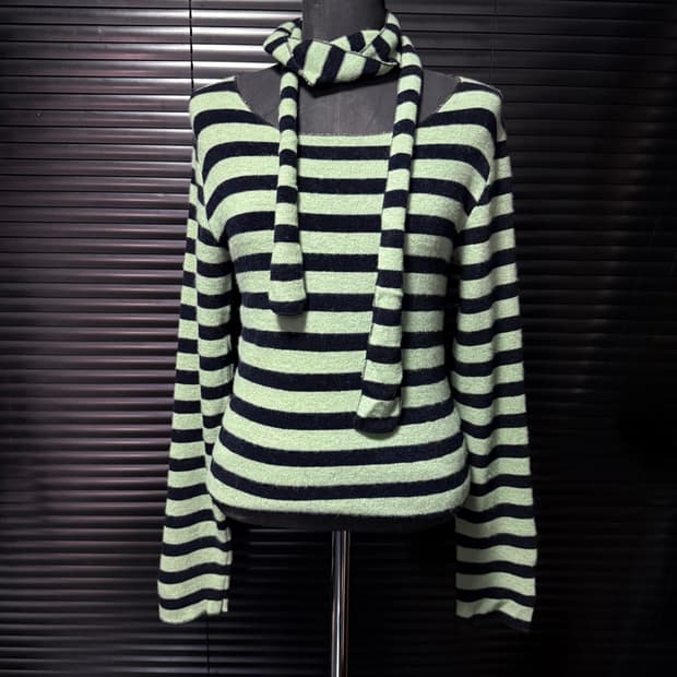 i! 민트 블랙 검정 스트라이프 단가라 머플러 목도리 스카프 보트넥 니트