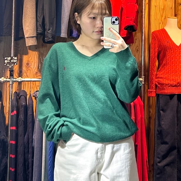 XL 폴로랄프로렌 버건디 포니 그린 브이넥 울니트