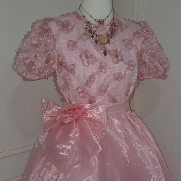 일본빈티지)핑크 마리앙뚜아네트 히메공주 로즈 리본 새틴오간자레이스튤드레스