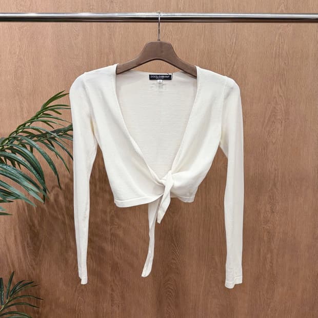 돌체앤가바나 랩 니트 가디건 긴팔 크롭 로고 프린팅 디테일 화이트