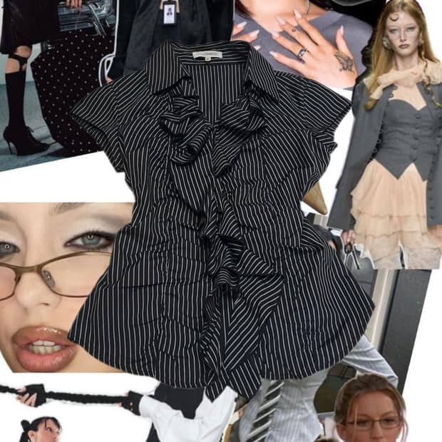 공겜여주 긱시크 프릴 슬림 스트라이프 셔츠 블랙