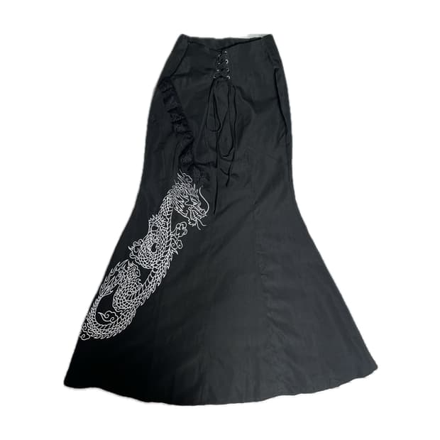 오리엔탈 드래곤 용 프린팅 레이스 머메이드 롱 스커트
