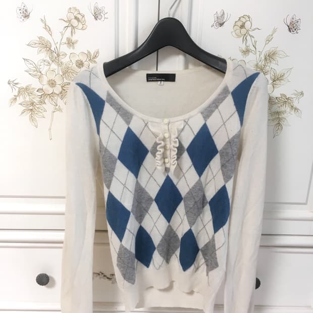 jpn vintage argyle white blue antique kn