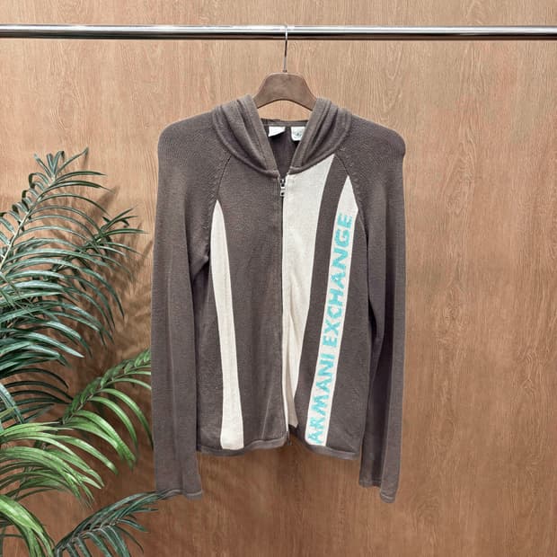 아르마니 익스체인지 니트 후드 집업 자켓 배색 직조 로고 디테일 브라운