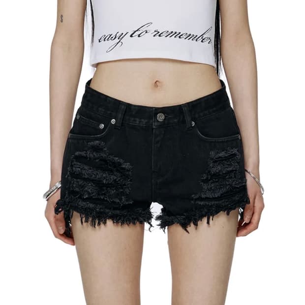 락케이크 Damage Denim Shorts Black