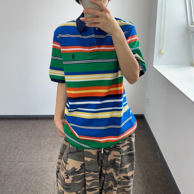 Polo 폴로 네이비 포니 스트라이프 카라 반팔티