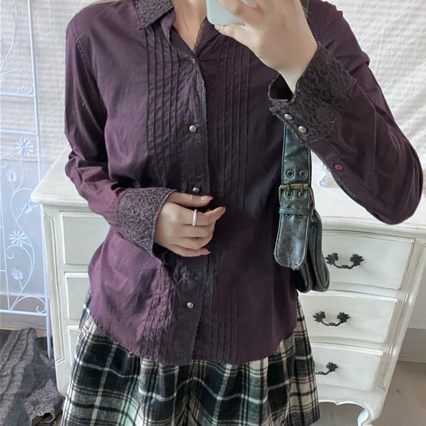 jpn vintage 딥 퍼플 앤티크 레이스 핀턱 셔츠