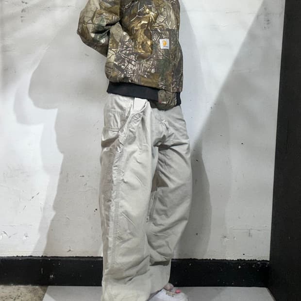 칼하트 아이보리 빅 사이즈 b151 워크 팬츠 가죽탭 와이드 바지 