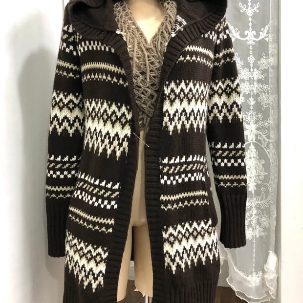 brown nordic pattern knit cardigan