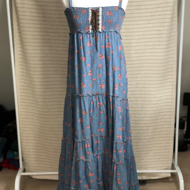 빈티지 가슴 밴딩 플라워 패턴 데님 롱 모리걸 원피스