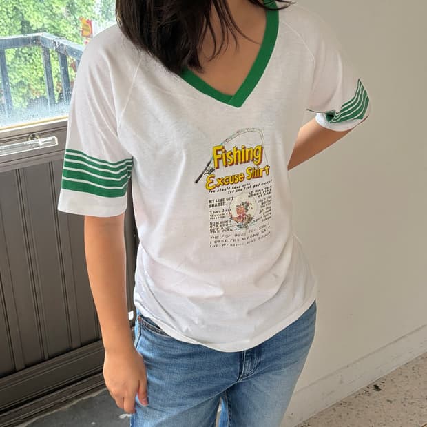 빈티지 Fishing 그래픽 링거 티셔츠