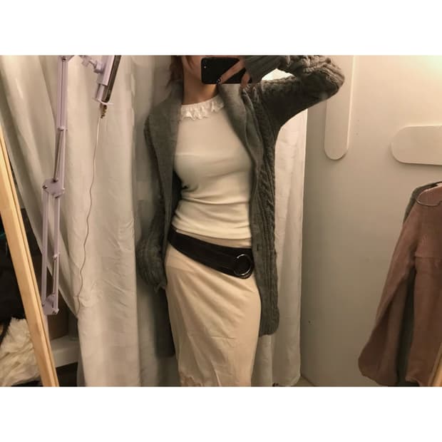 Moussy 마우지 알파카 오네갸루 숄카라 니트 롱가디건