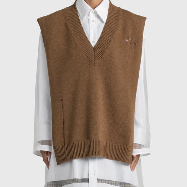 L 마르지엘라 니트 브라운 V넥 조끼 베스트 오픈사이드 데미지 빈티지