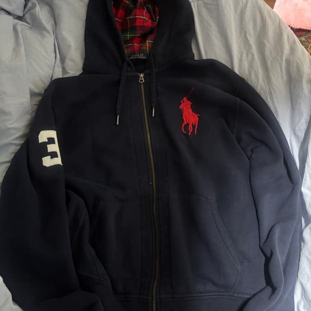 폴로 네이비 체크 후드집업