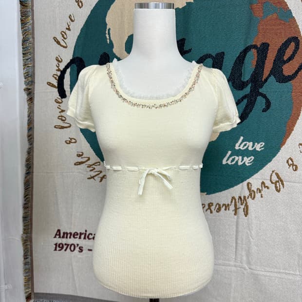 일본빈티지 FEROUX 울 100% 비즈 디테일 반팔 니트 탑